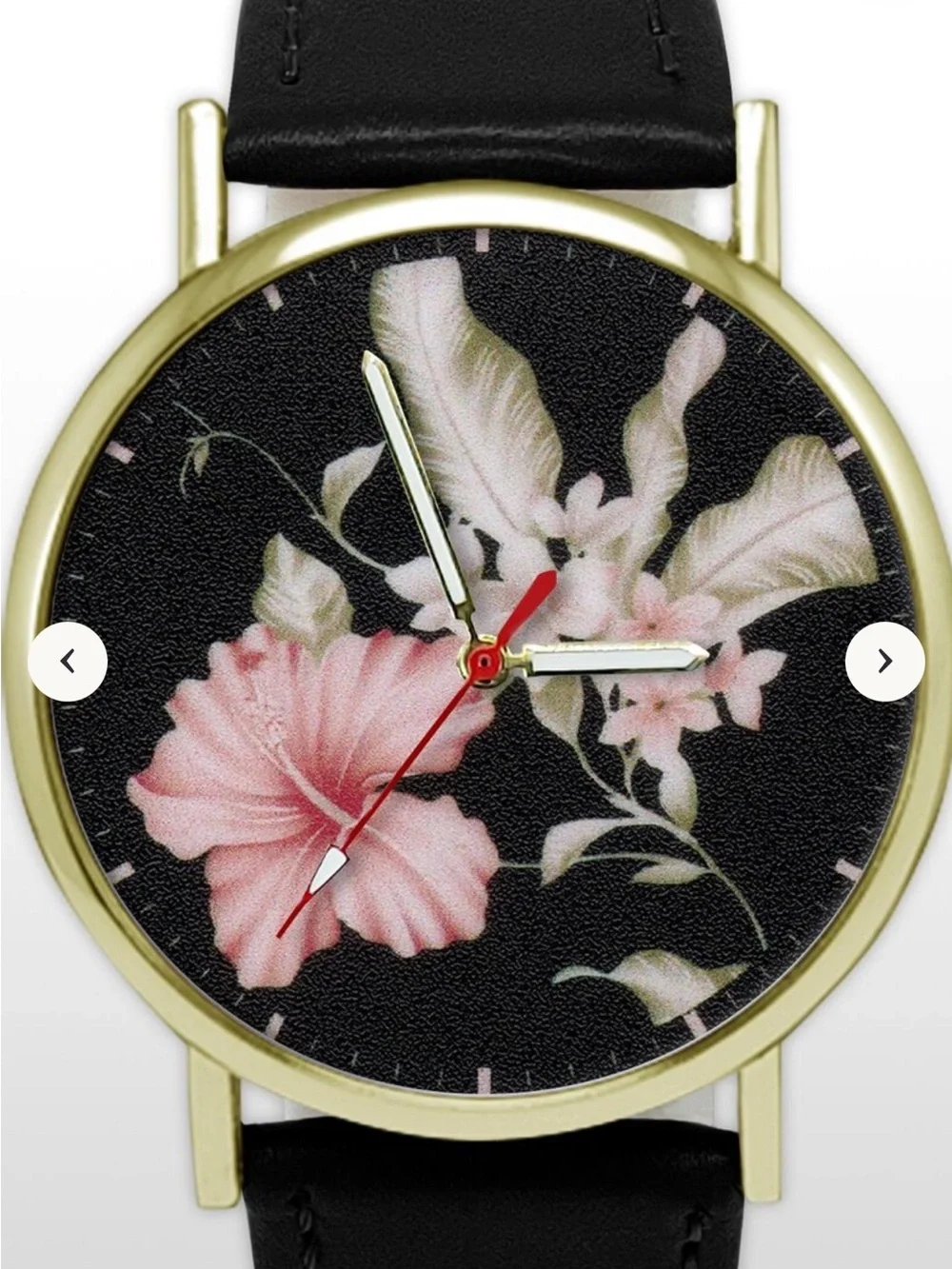 Nine West Women's Floral Dial Gold-Tone Watch with Black Leather Strap